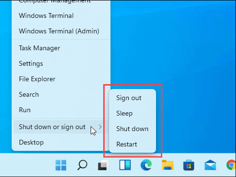 Windows 11 shutdown and sleep buttons